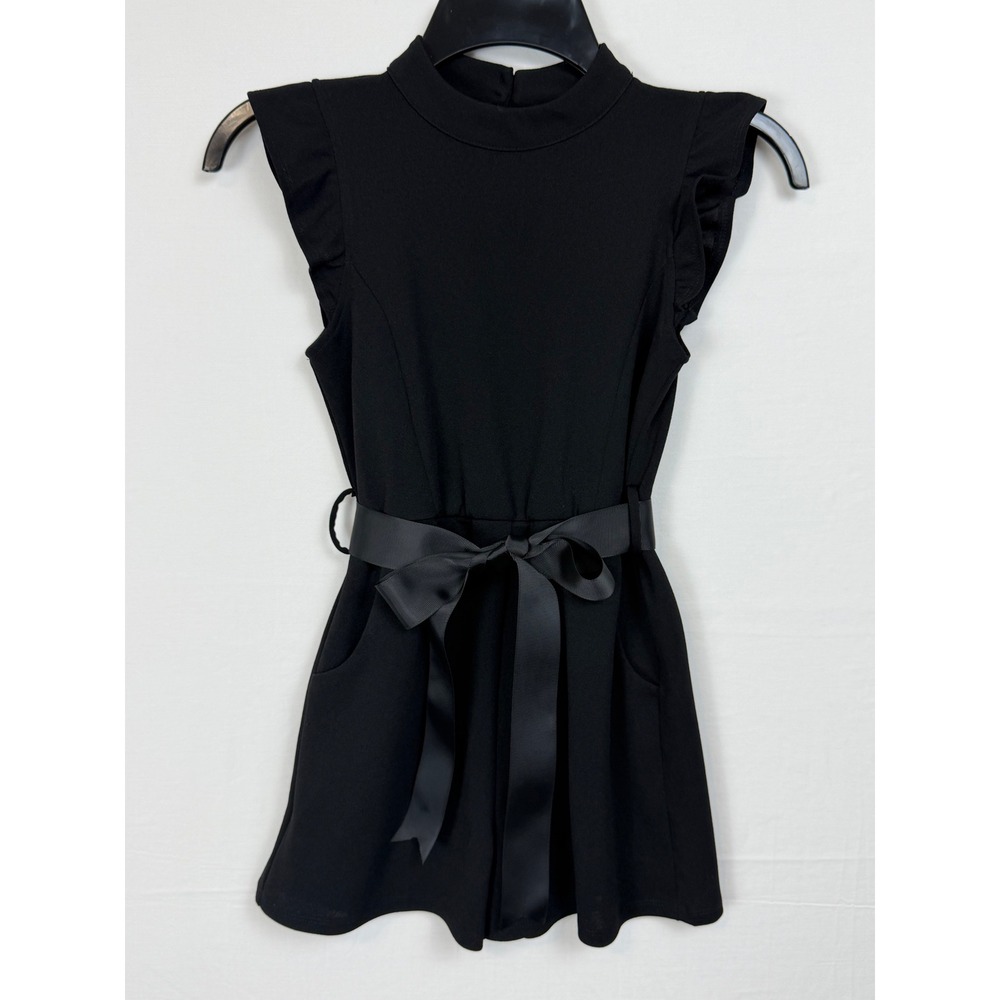 Moa Moa Girls Romper S Black Ruffle‎ Sleeve Mock Neck Ribbon Belt Pocket Pocket
